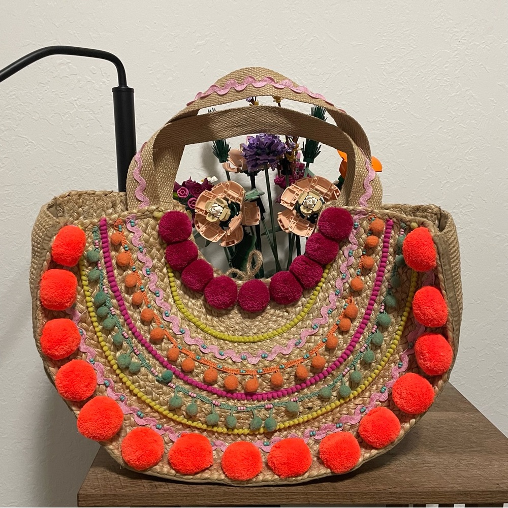 America & Beyond Colorful Pom Pom Embellished Beach Tote Bag